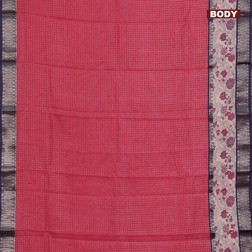 Assam silk saree pink and blue with allover zari checked pattern and rettapet zari woven floral printed border