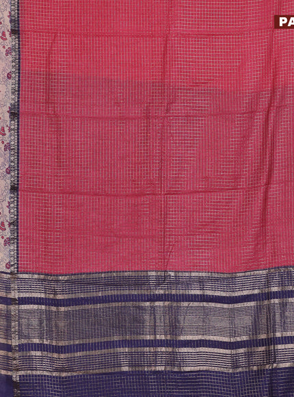 Assam silk saree pink and blue with allover zari checked pattern and rettapet zari woven floral printed border