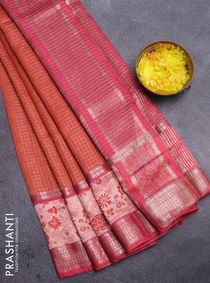 Assam silk saree orange and pink with allover zari checked pattern and rettapet zari woven floral printed border