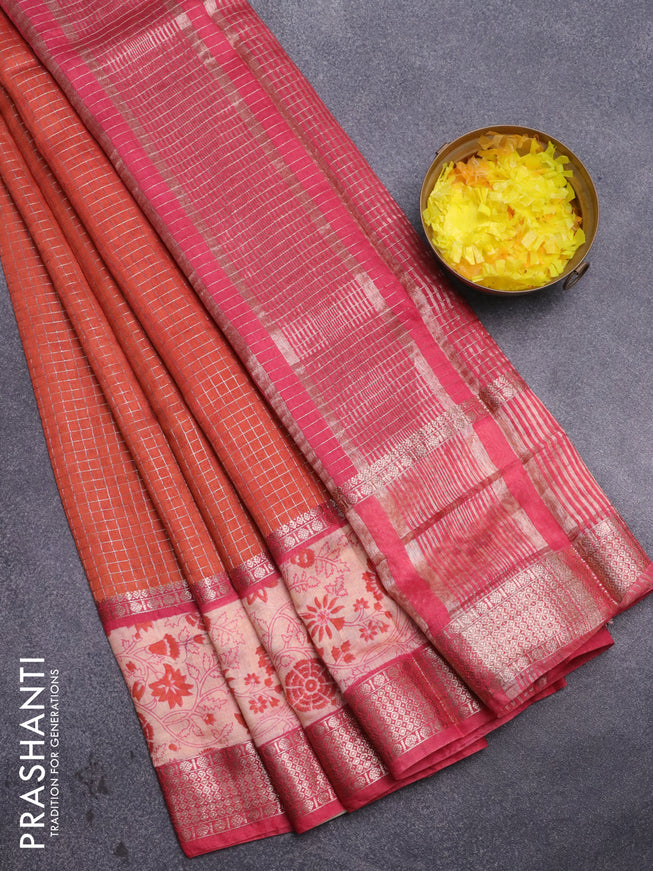 Assam silk saree orange and pink with allover zari checked pattern and rettapet zari woven floral printed border