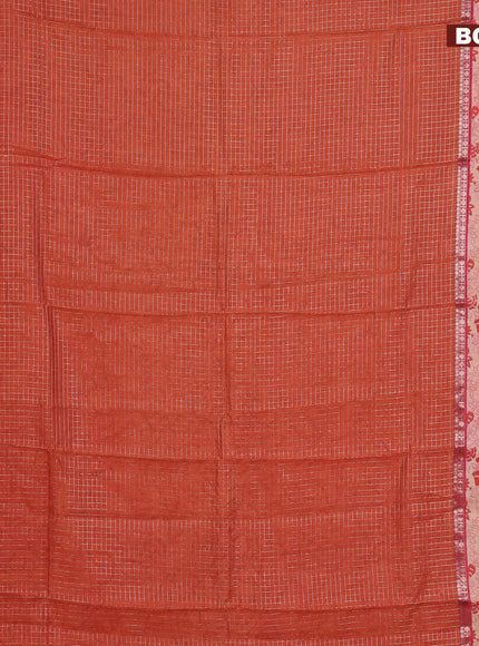 Assam silk saree orange and pink with allover zari checked pattern and rettapet zari woven floral printed border