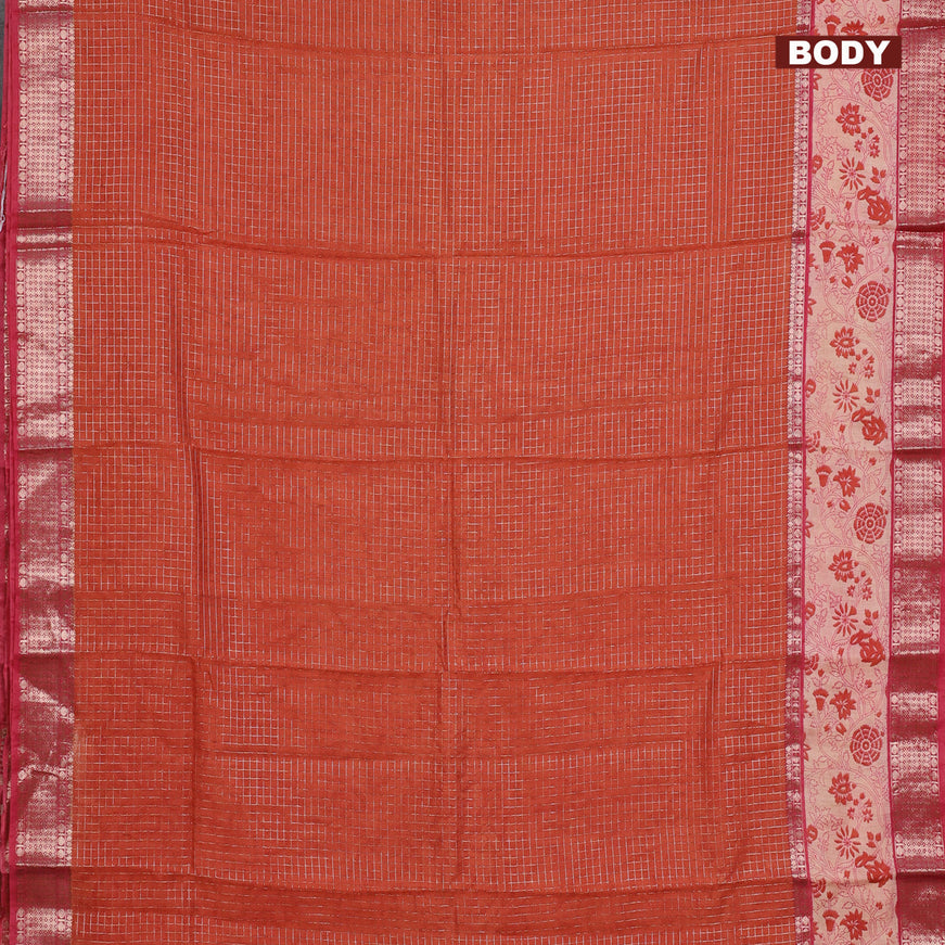 Assam silk saree orange and pink with allover zari checked pattern and rettapet zari woven floral printed border