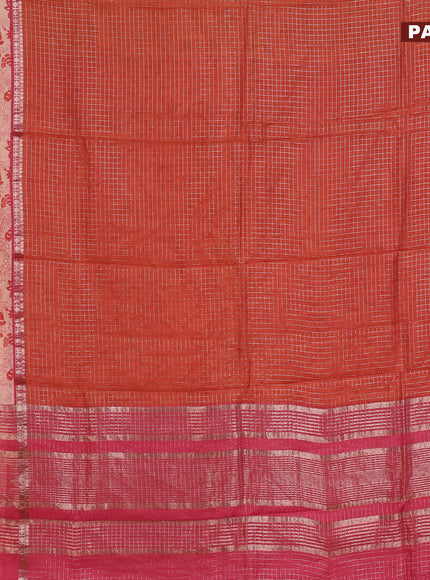 Assam silk saree orange and pink with allover zari checked pattern and rettapet zari woven floral printed border