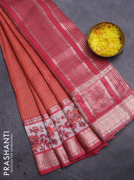 Assam silk saree orange and pink with allover zari checked pattern and rettapet zari woven floral printed border