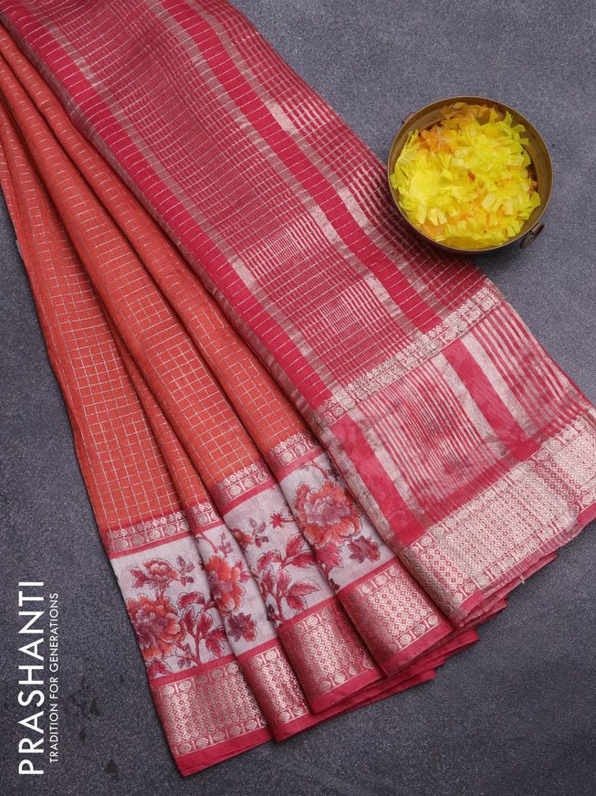 Assam silk saree orange and pink with allover zari checked pattern and rettapet zari woven floral printed border