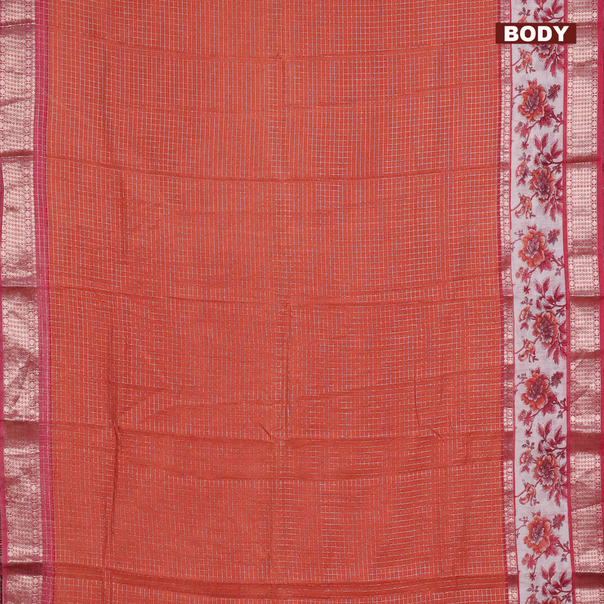 Assam silk saree orange and pink with allover zari checked pattern and rettapet zari woven floral printed border