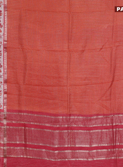 Assam silk saree orange and pink with allover zari checked pattern and rettapet zari woven floral printed border