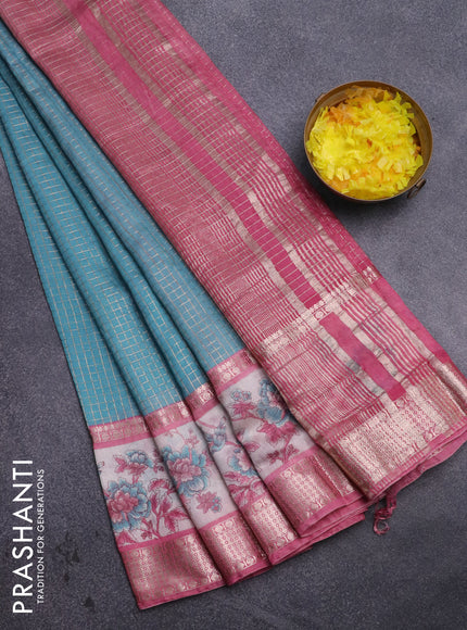 Assam silk saree light blue and pink with allover zari checked pattern and rettapet zari woven floral printed border