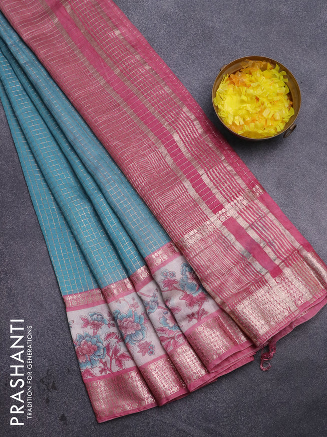 Assam silk saree light blue and pink with allover zari checked pattern and rettapet zari woven floral printed border