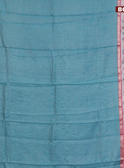 Assam silk saree light blue and pink with allover zari checked pattern and rettapet zari woven floral printed border