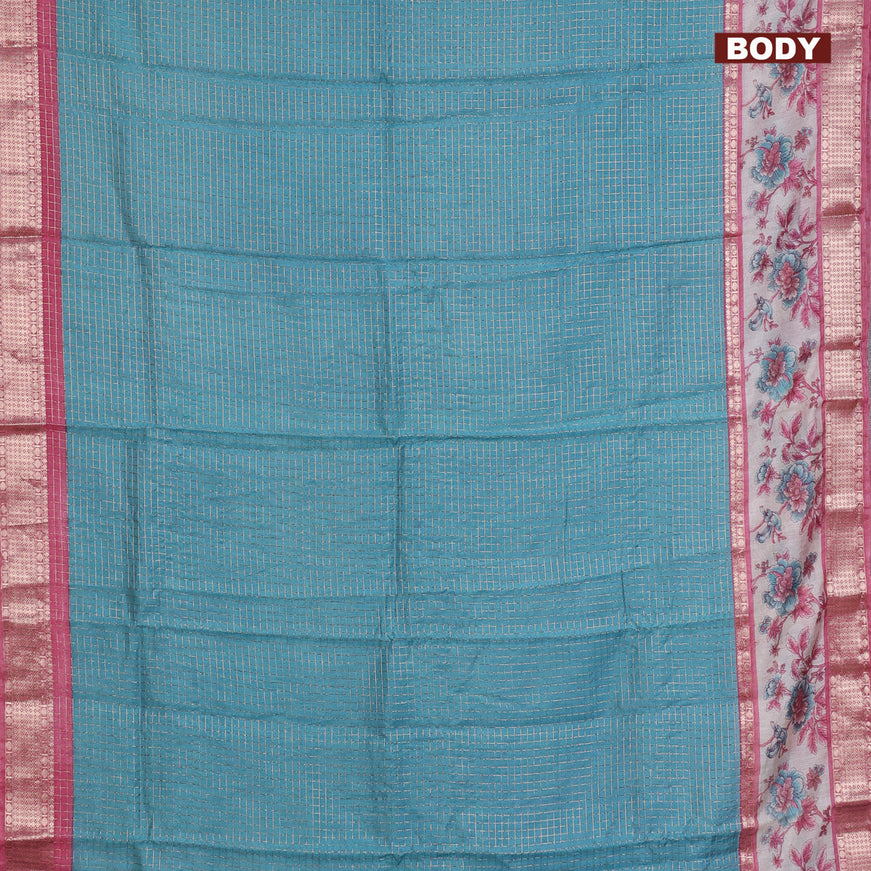 Assam silk saree light blue and pink with allover zari checked pattern and rettapet zari woven floral printed border