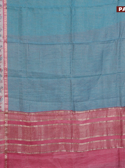 Assam silk saree light blue and pink with allover zari checked pattern and rettapet zari woven floral printed border