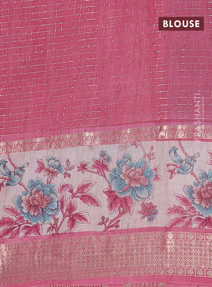 Assam silk saree light blue and pink with allover zari checked pattern and rettapet zari woven floral printed border