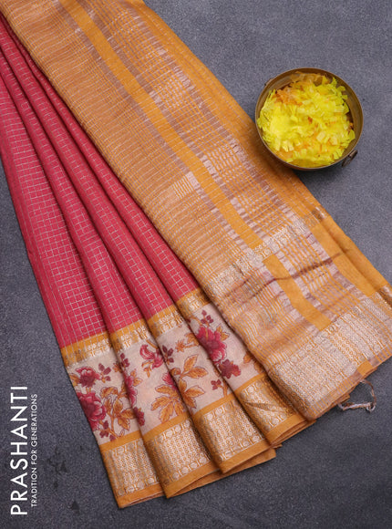 Assam silk saree pink and mustard yellow with allover zari checked pattern and rettapet zari woven floral printed border