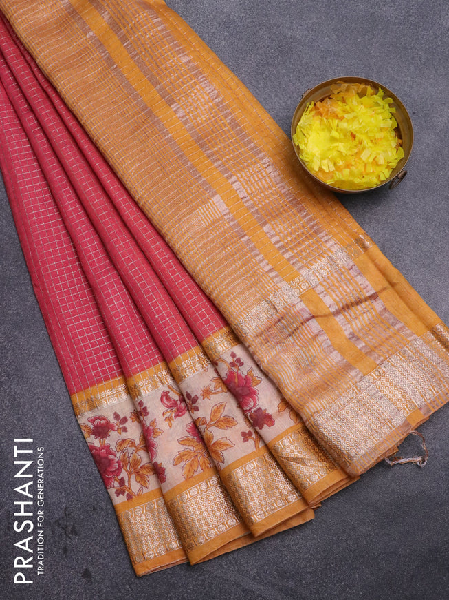 Assam silk saree pink and mustard yellow with allover zari checked pattern and rettapet zari woven floral printed border