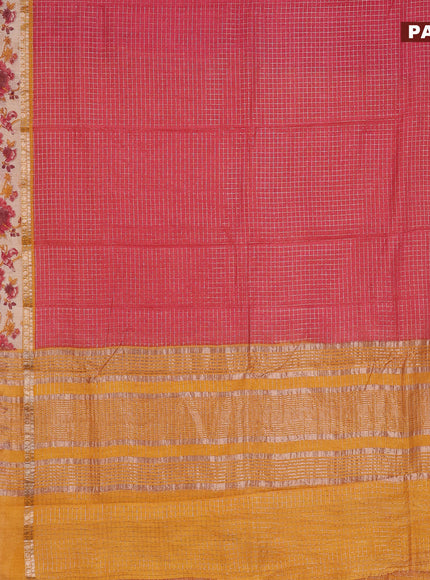 Assam silk saree pink and mustard yellow with allover zari checked pattern and rettapet zari woven floral printed border