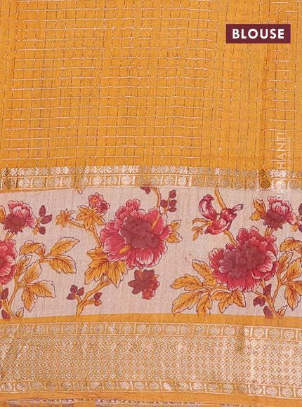 Assam silk saree pink and mustard yellow with allover zari checked pattern and rettapet zari woven floral printed border