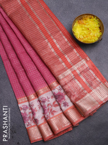 Assam silk saree pink and orange with allover zari checked pattern and rettapet zari woven floral printed border