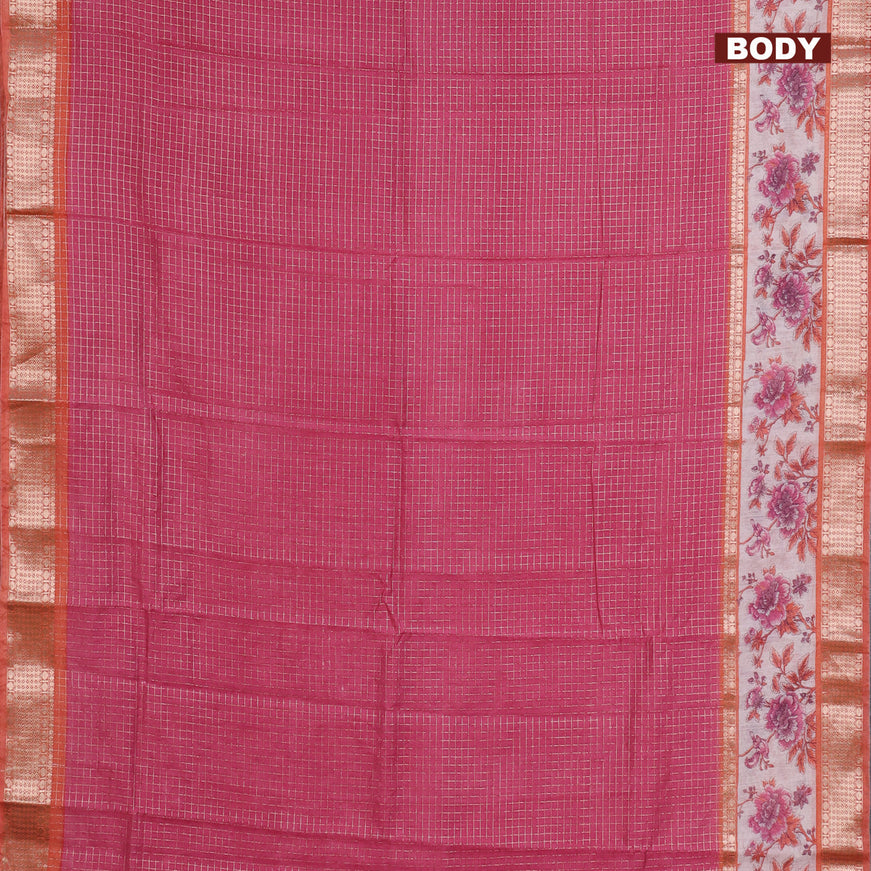 Assam silk saree pink and orange with allover zari checked pattern and rettapet zari woven floral printed border