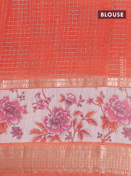 Assam silk saree pink and orange with allover zari checked pattern and rettapet zari woven floral printed border