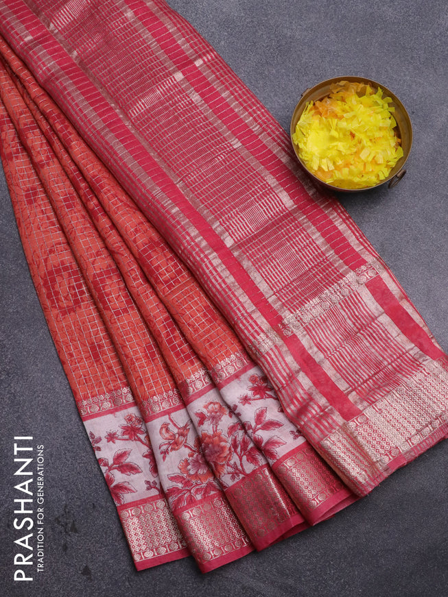 Assam silk saree orange and pink with allover zari checked pattern and rettapet zari woven floral printed border