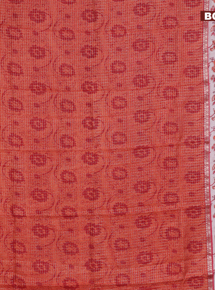 Assam silk saree orange and pink with allover zari checked pattern and rettapet zari woven floral printed border