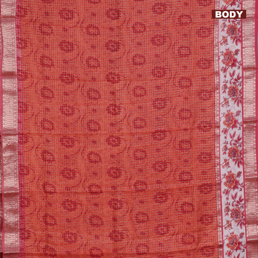 Assam silk saree orange and pink with allover zari checked pattern and rettapet zari woven floral printed border