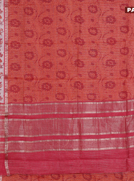 Assam silk saree orange and pink with allover zari checked pattern and rettapet zari woven floral printed border