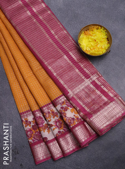 Assam silk saree mustard yellow and maroon shade with allover zari checked pattern and rettapet zari woven floral printed border