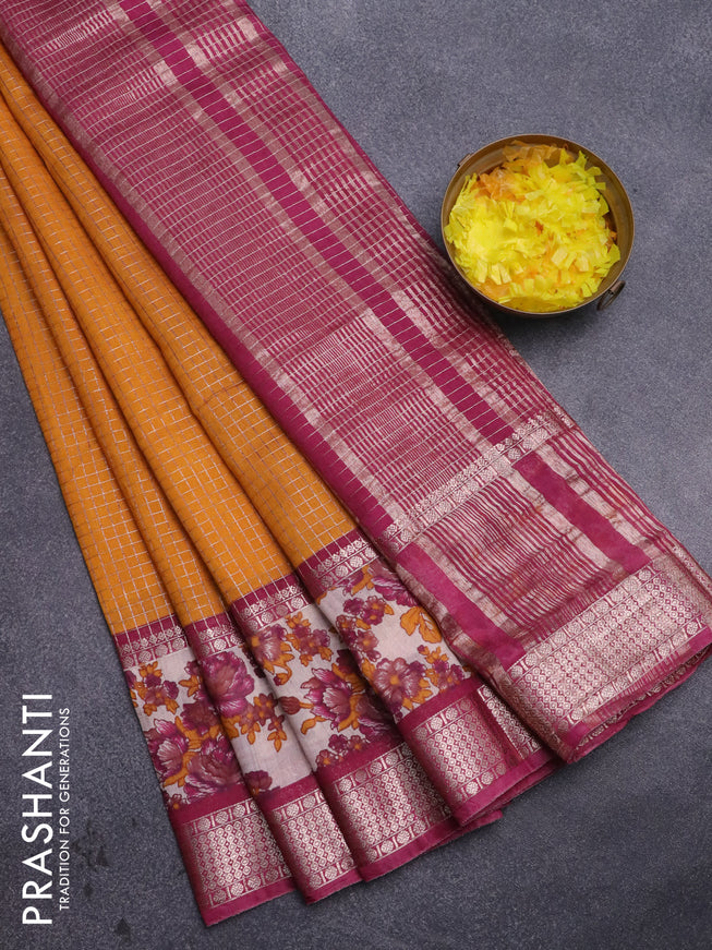 Assam silk saree mustard yellow and maroon shade with allover zari checked pattern and rettapet zari woven floral printed border