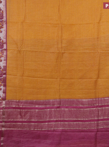 Assam silk saree mustard yellow and maroon shade with allover zari checked pattern and rettapet zari woven floral printed border