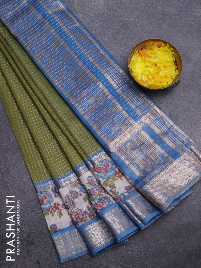 Assam silk saree mehendi green and blue shade with allover zari checked pattern and rettapet zari woven floral printed border