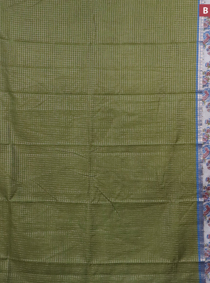 Assam silk saree mehendi green and blue shade with allover zari checked pattern and rettapet zari woven floral printed border