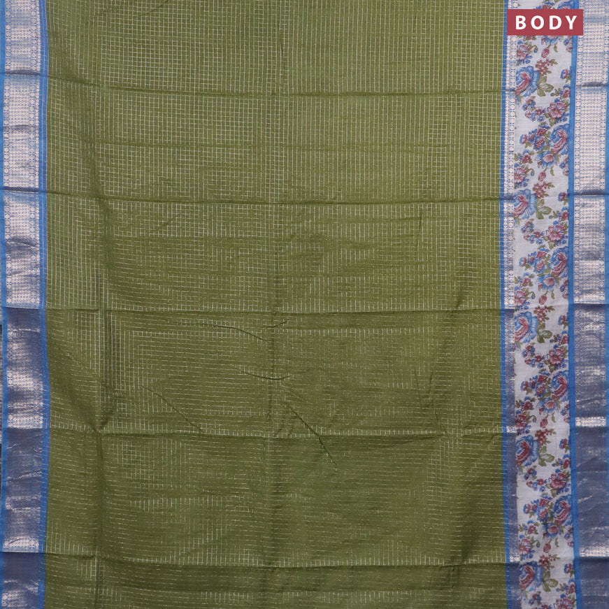 Assam silk saree mehendi green and blue shade with allover zari checked pattern and rettapet zari woven floral printed border