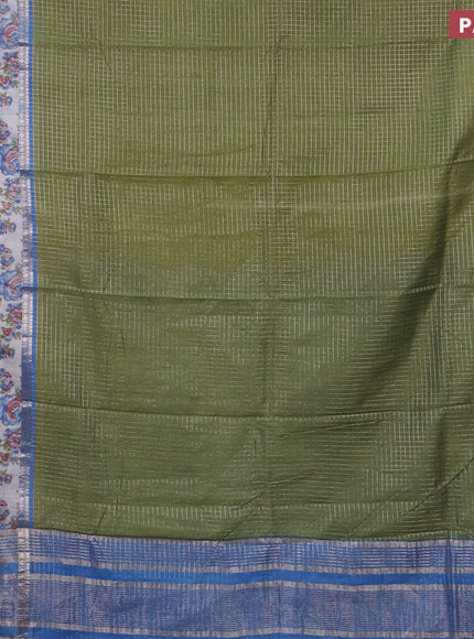 Assam silk saree mehendi green and blue shade with allover zari checked pattern and rettapet zari woven floral printed border