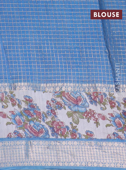 Assam silk saree mehendi green and blue shade with allover zari checked pattern and rettapet zari woven floral printed border