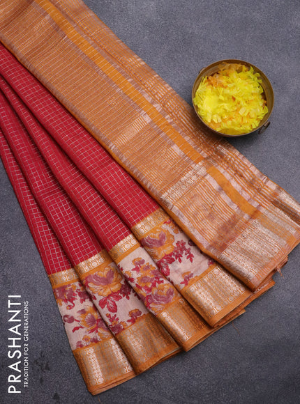 Assam silk saree red and mustard yellow with allover zari checked pattern and rettapet zari woven floral printed border