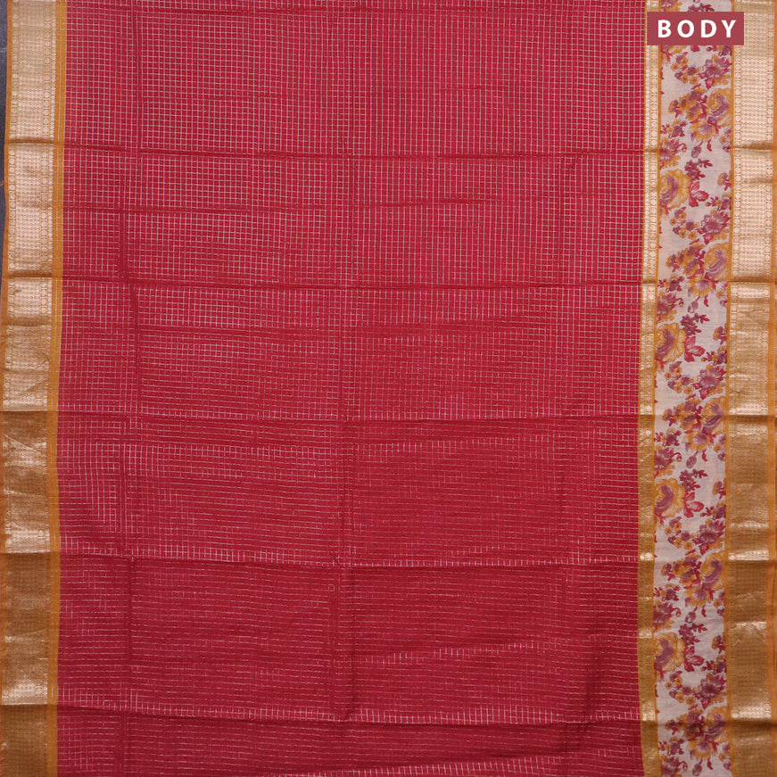 Assam silk saree red and mustard yellow with allover zari checked pattern and rettapet zari woven floral printed border