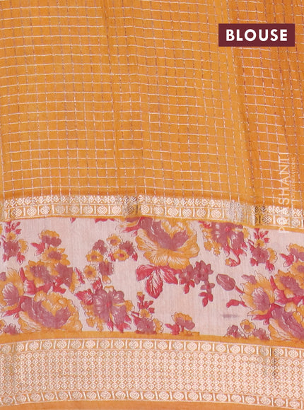 Assam silk saree red and mustard yellow with allover zari checked pattern and rettapet zari woven floral printed border