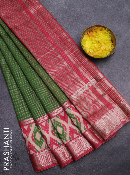 Assam silk saree green and pink shade with allover zari checked pattern and rettapet zari woven ikat printed border