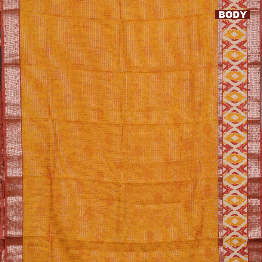 Assam silk saree mango yellow and rust shade with allover zari checked pattern and rettapet zari woven ikat printed border