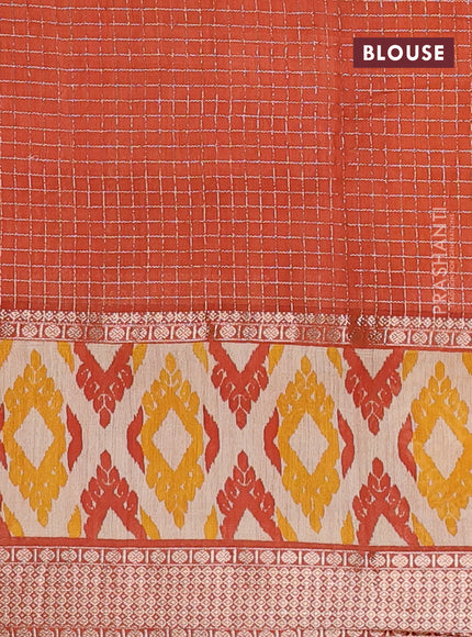 Assam silk saree mango yellow and rust shade with allover zari checked pattern and rettapet zari woven ikat printed border