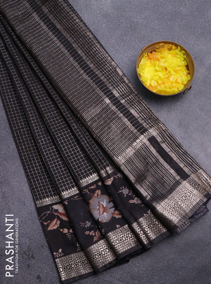 Assam silk saree black with allover zari checked pattern and rettapet zari woven floral printed border