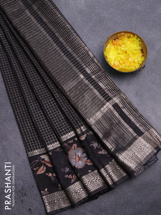 Assam silk saree black with allover zari checked pattern and rettapet zari woven floral printed border