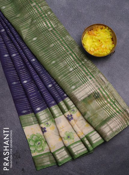 Assam silk saree blue and green with allover zari strips and rettapet zari woven floral printed border