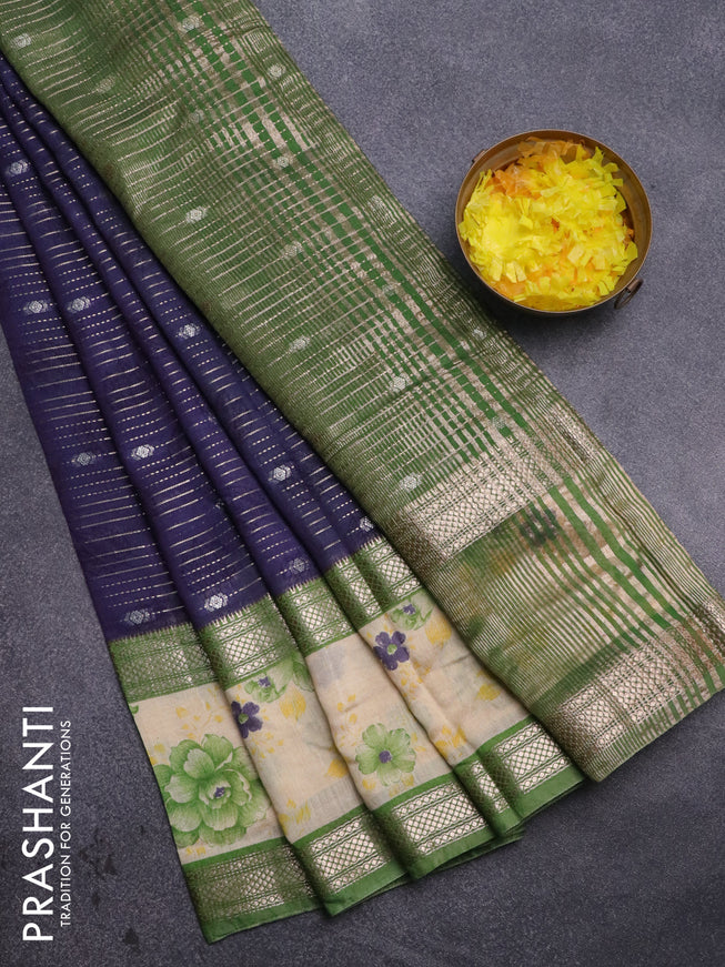 Assam silk saree blue and green with allover zari strips and rettapet zari woven floral printed border