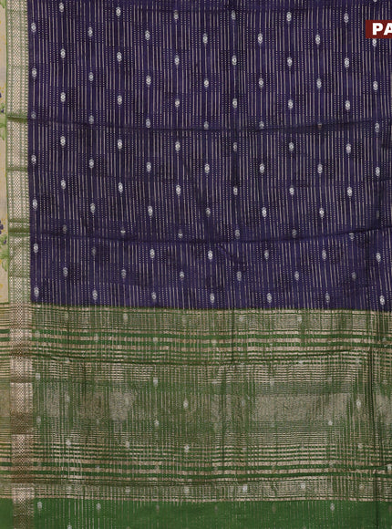 Assam silk saree blue and green with allover zari strips and rettapet zari woven floral printed border