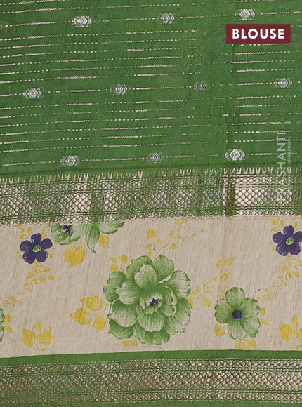 Assam silk saree blue and green with allover zari strips and rettapet zari woven floral printed border