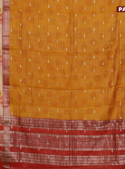 Assam silk saree mango yellow and rust shade with allover zari strips and rettapet zari woven floral printed border