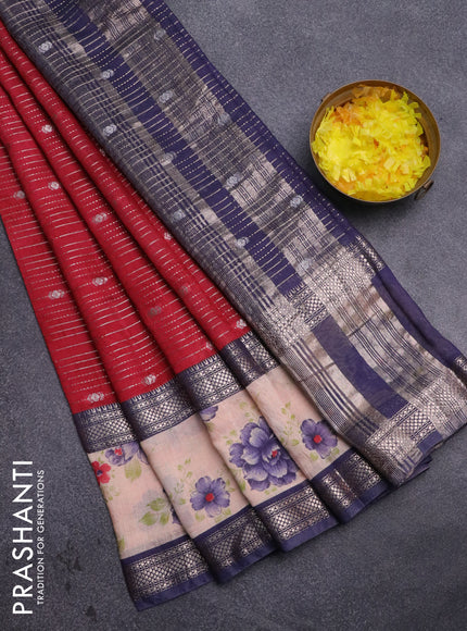 Assam silk saree red and blue with allover zari strips and rettapet zari woven floral printed border